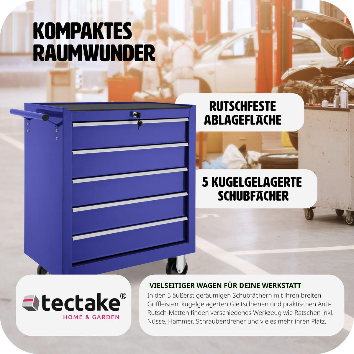 WERKZEUGWAGEN ,Rollen Ø 100 mm,blau - Blau, Metall (33/79/69cm) - tectake