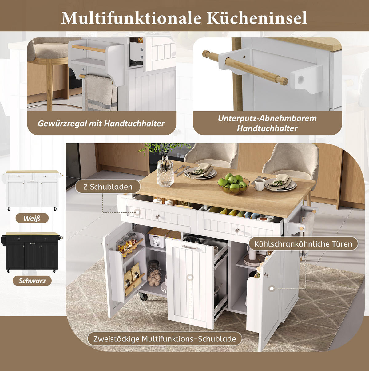 KÜCHENINSEL 140/40-70/92 cm mit ausziehbarer Klappplatte, Rollen und MDF-Korpus, Weiß/Natur - Weiß, Holzwerkstoff (140/92/70cm) - Redom