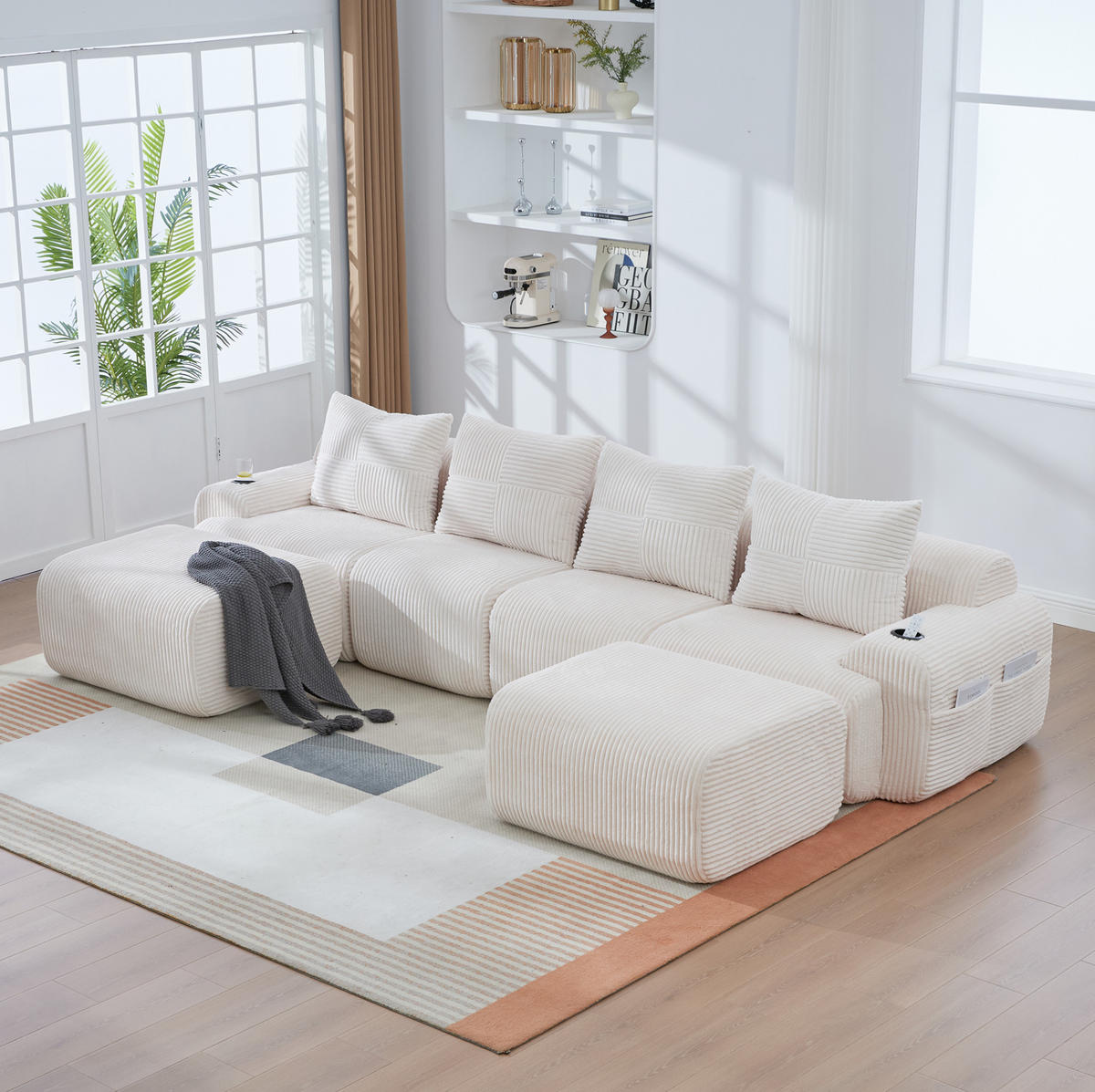 WOHNLANDSCHAFT Cord 4-Sitzer mit 2 Hockern und Getränkehalter 333/174/80 cm Beige - Beige, Textil (174/80/333cm) - Redom
