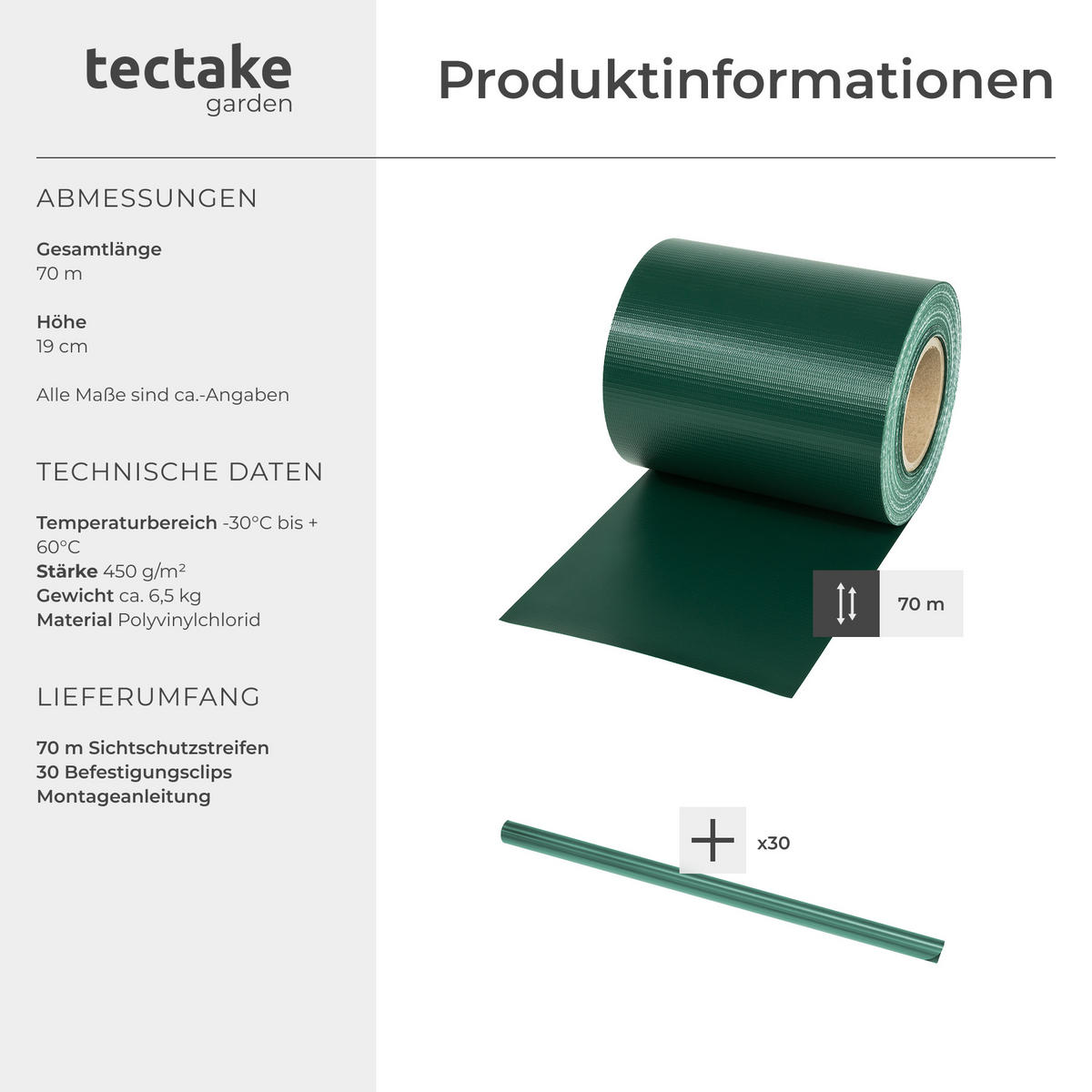 SICHTSCHUTZSTREIFEN ,leichte Montage, inklusive Befestigungsclips,grün - Dunkelgrün, Kunststoff (7000/19cm) - tectake