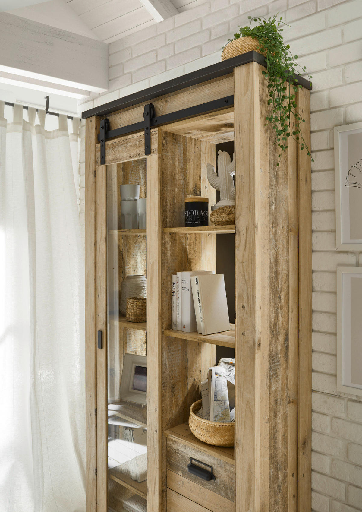 VITRINE Used Wood hell, anthrazit, Vitrinenschrank mit Schiebetür - Anthrazit/Schwarz, Glas/Holzwerkstoff (93/201/38cm) - Furn.Design