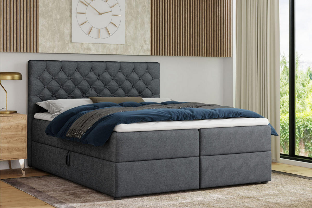 BOXBETT MIRAMI 180/200 Dunkelgrau mit Bonell-Federkernmatratzen H3 (60-90 kg) - Dunkelgrau, Holz/Holzwerkstoff (180/200cm) - Deine Möbel 24