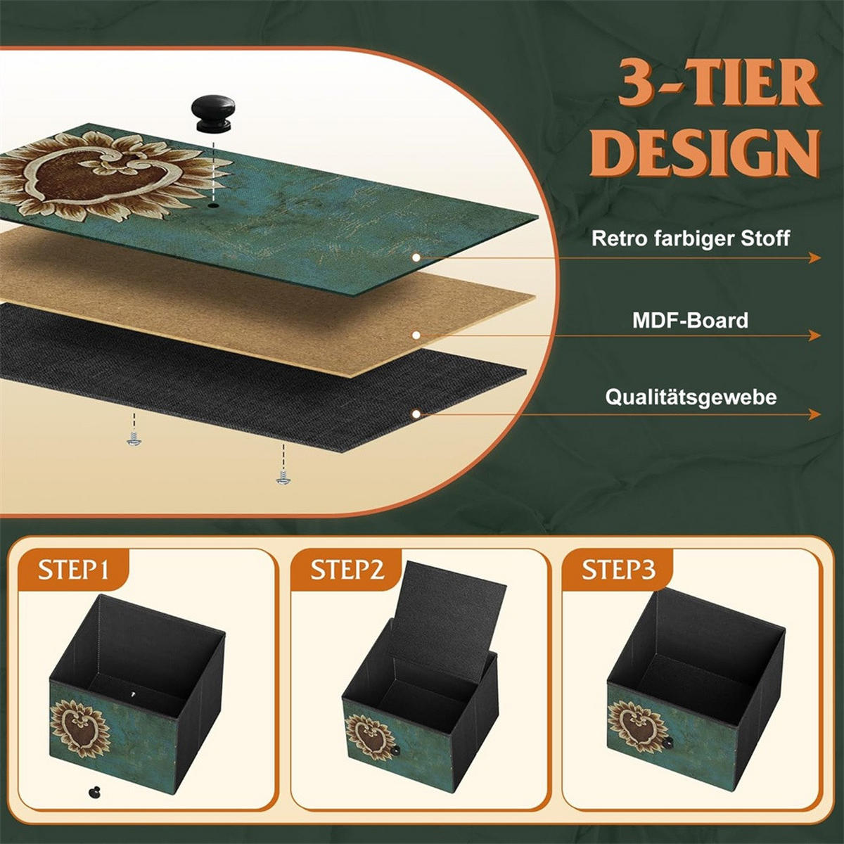 KOMMODE mit 5 Schubladen - bunte Vintage-Muster und Schwarzer Griff - Mehrfarbig - Multicolor, Metall (100/55.2/30cm) - DELFA
