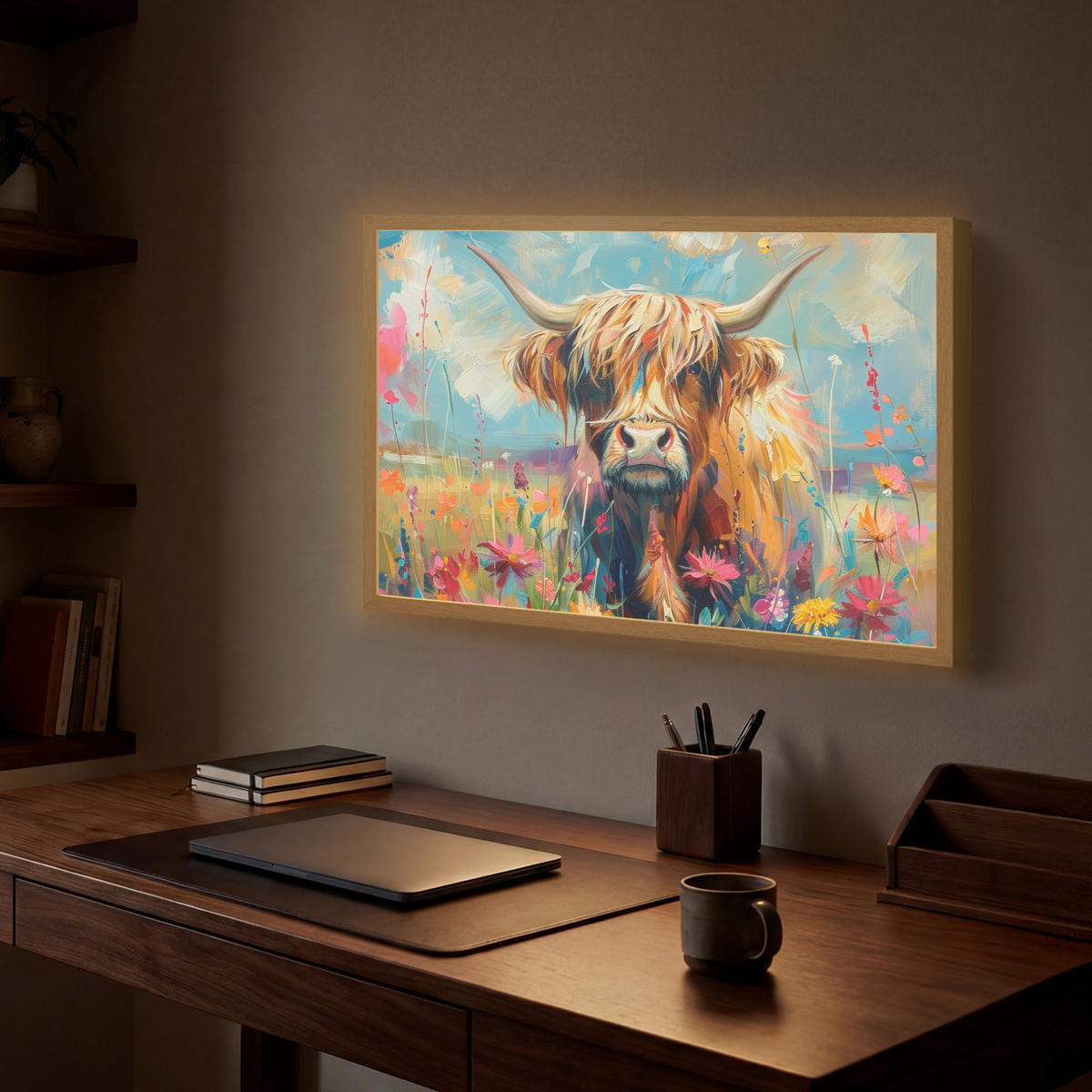 NÁSTĚNNÁ LAMPA S AKUMULÁTOREM Skotský horal - Příroda - Barevné - Květiny 60x40 cm - různobarevná, kompozitní dřevo (60/40/8cm) - OnlyWow