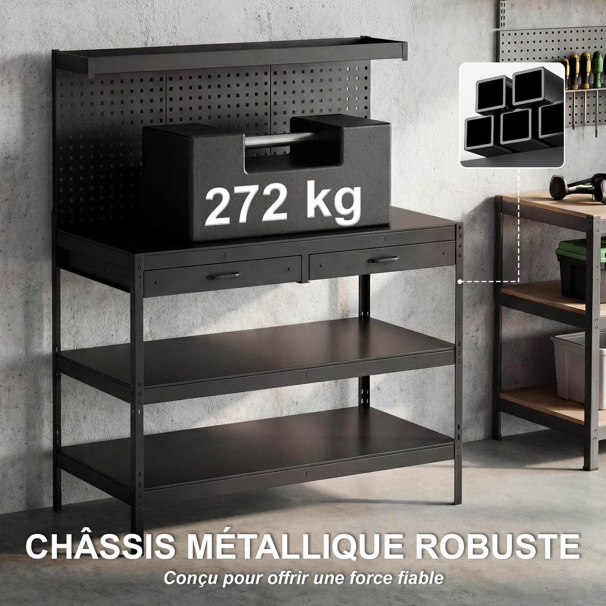 WERKBANK DE-18999 272 kg Traglast, Lochwand, 2 Schubladen Schwarz - Schwarz, Metall (61/156/122cm) - ComfortXL