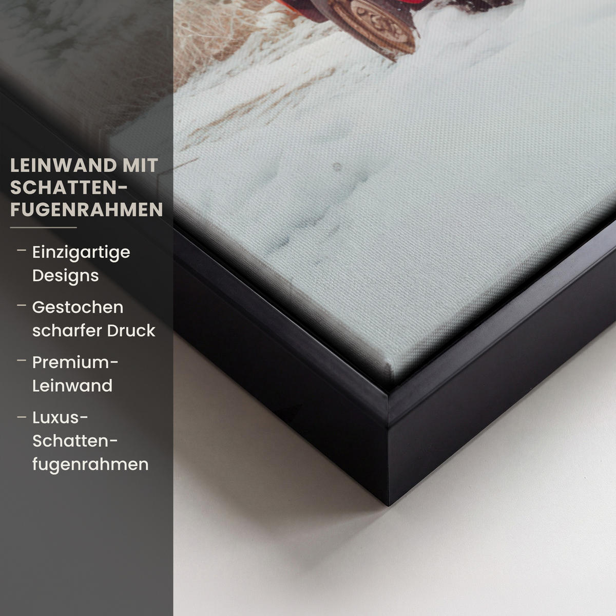 LEINWAND Bilder mit Rahmen - Auto - Rot - Geschenke - Winter - Schnee - Weihnachten - 80x60 - Rot, Textil (80/60cm) - MuchoWow