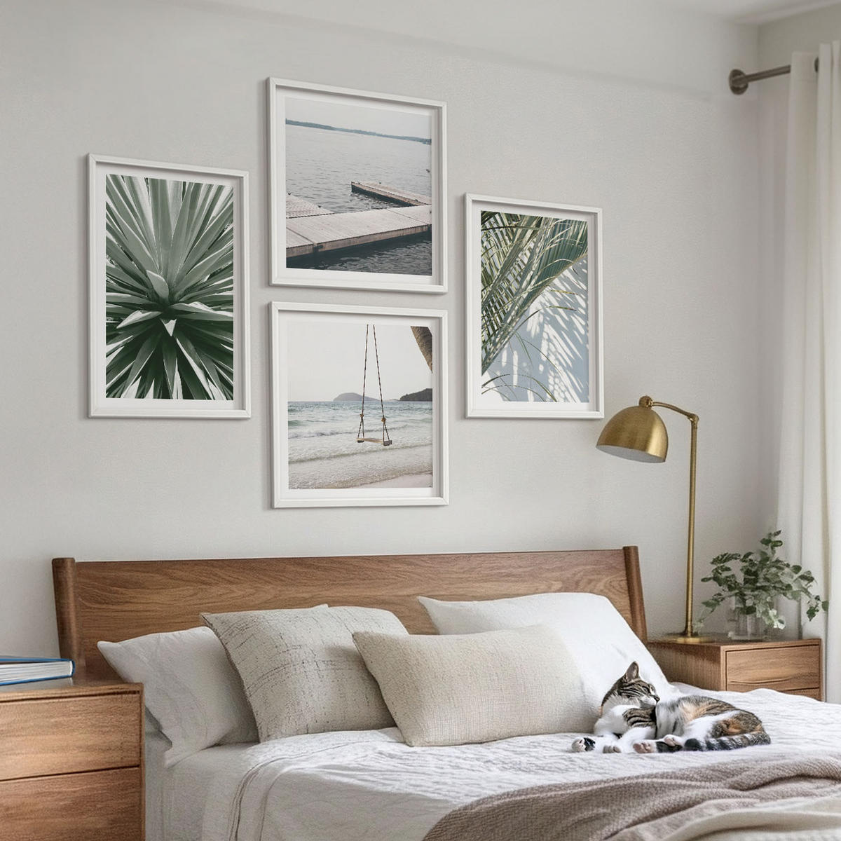 WANDBILDER 4er-Set - 50x50 cm & 40x60 cm Weißer Rahmen - Hängebrücke aus Palmenblättern - Weiß, Kunststoff (50/50cm) - ArtPrintCave