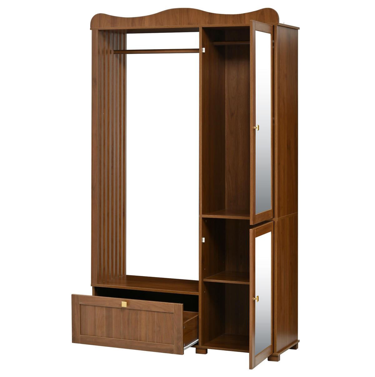GARDEROBENSCHRANK 115,5/38,5/194,5 cm mit Spiegel, offener Kleiderstange und Schublade aus MDF, Nussbaum - Walnussfarben, Holzwerkstoff (115.5/194.5/38.5cm) - Redom