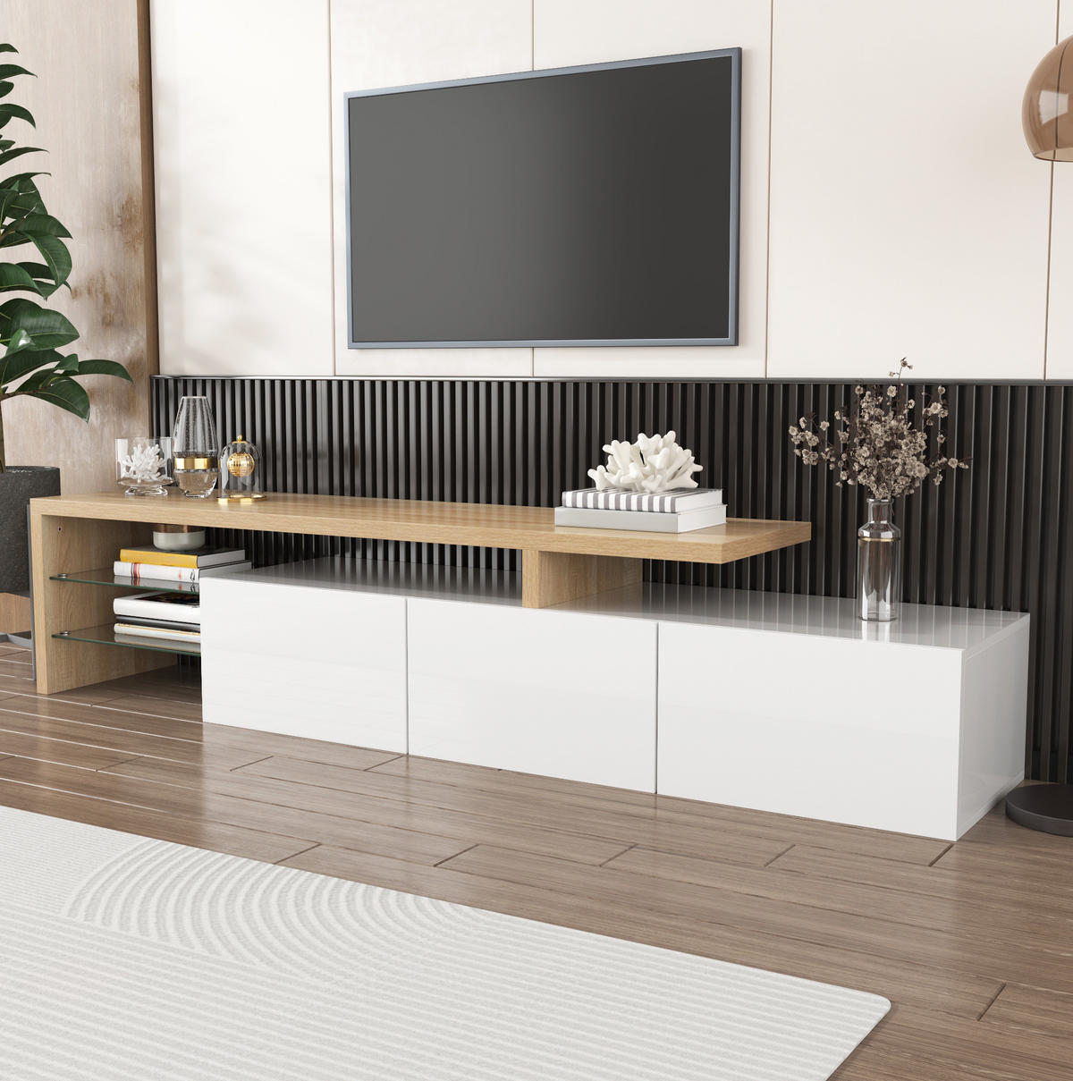 TV-ELEMENT mit LED 197,5 x 39 x 42 cm Weiß Holzoptik - Weiß, Glas (39/42/197.5cm) - Beauniv