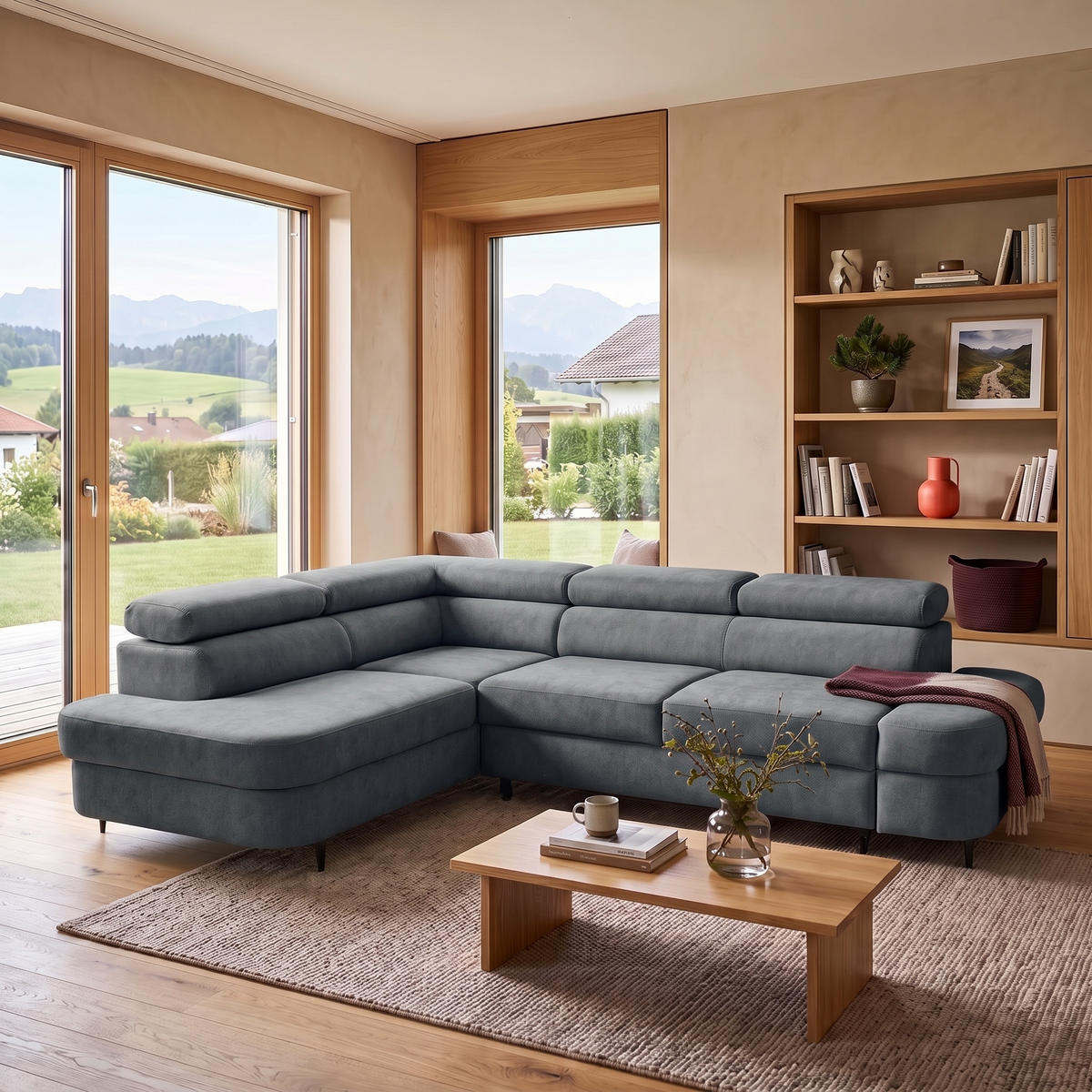 ECKSOFA PRIAM L Links mit Schlaffunktion 125x195 Velours Dunkelgrau - Dunkelgrau/Schwarz, Holz/Textil (203/275cm) - Muffo