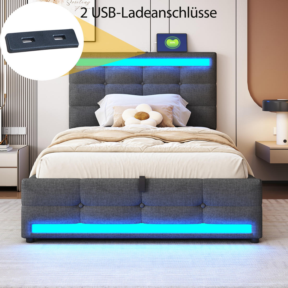 POLSTERBETT 90/200 cm Grau mit LED-Beleuchtung und USB-Anschlüssen - Grau, Textil (90/200cm) - OKWISH