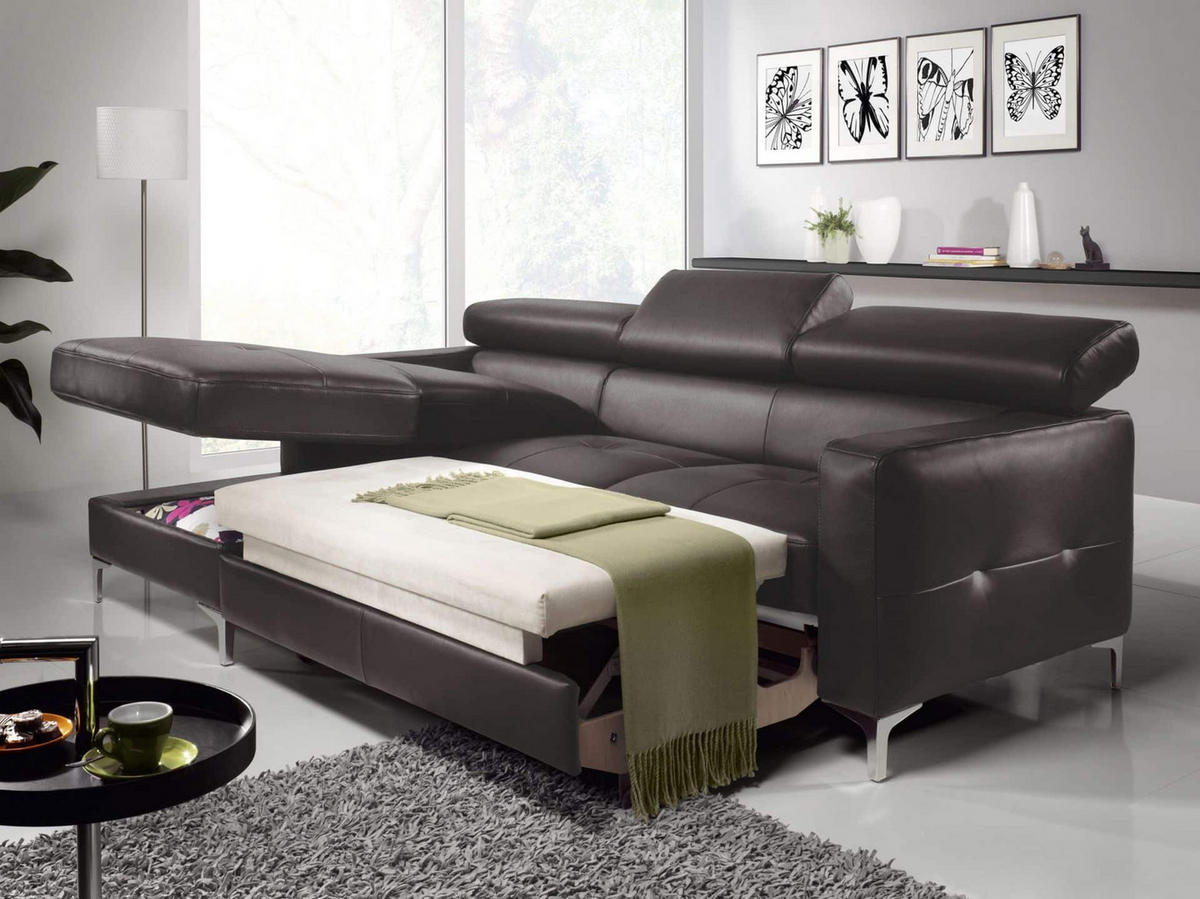 ECKSCHLAFSOFA mit Echtlederbezug, Schlaffunktion & Bettkasten - Chromfarben/Dunkelbraun, Leder/Holz (227/168cm) - Cotta