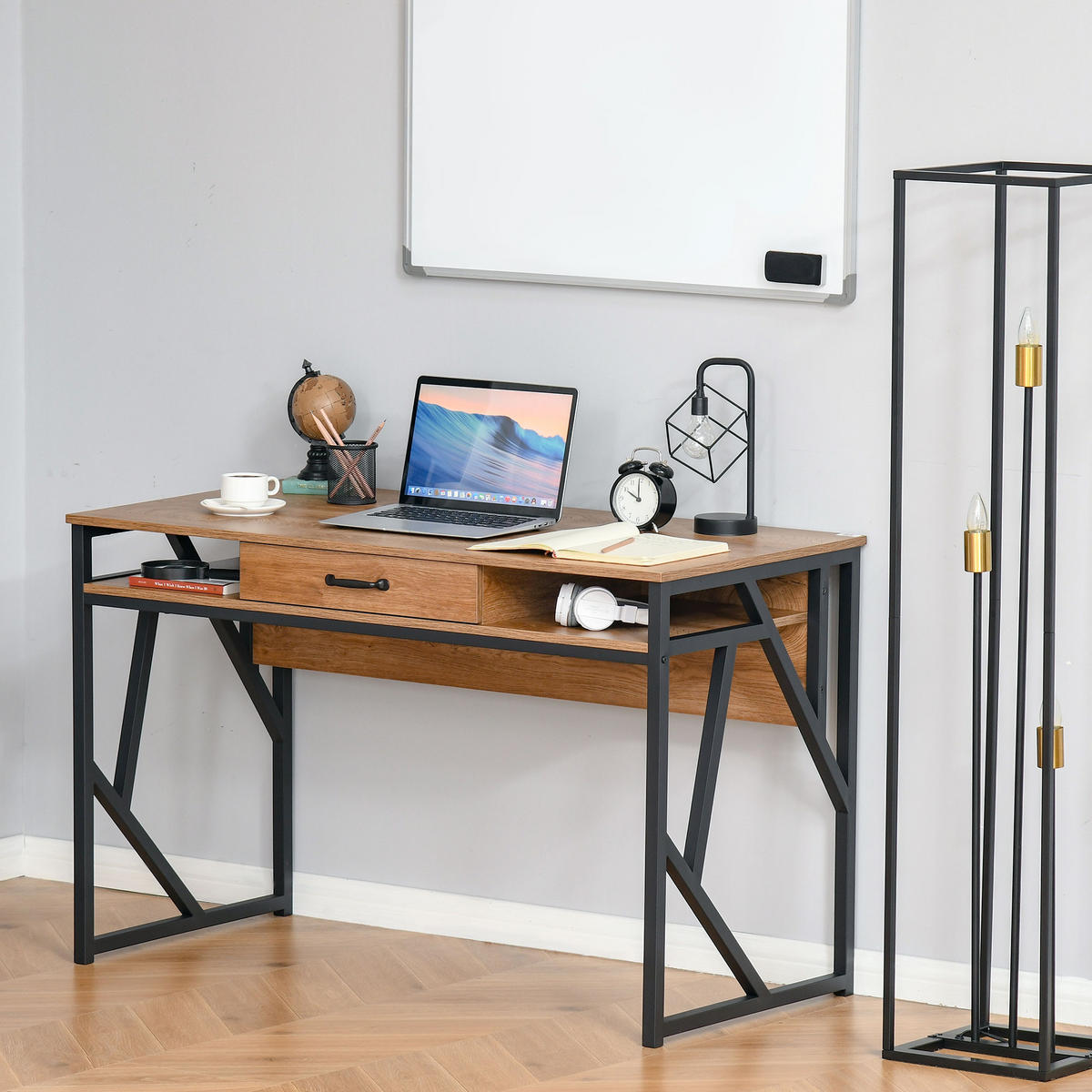 SCHREIBTISCH Schwarz und Walnuss-Optik mit Schublade und 2 Fächern 120/60/76 cm - Walnussfarben, Holzwerkstoff (60/120/76cm) - PANGIVO