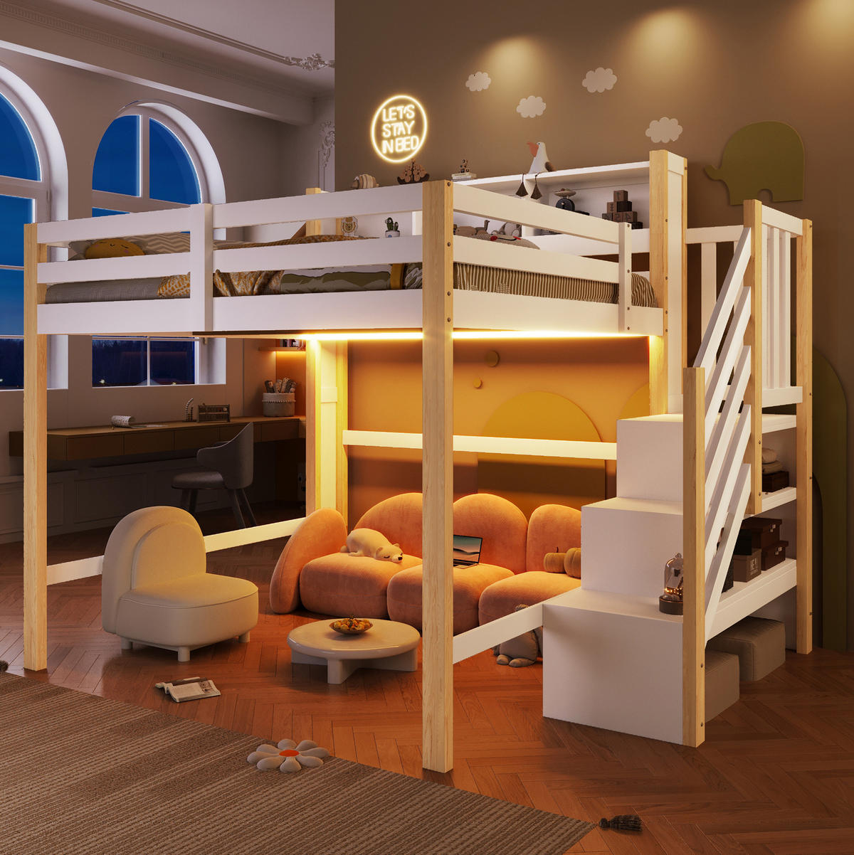 HOCHBETT 140/200 cm aus Kiefernholz mit LED-Leuchten, Weiß/Natur - Naturfarben, Holz (140/200cm) - OKMYHOME