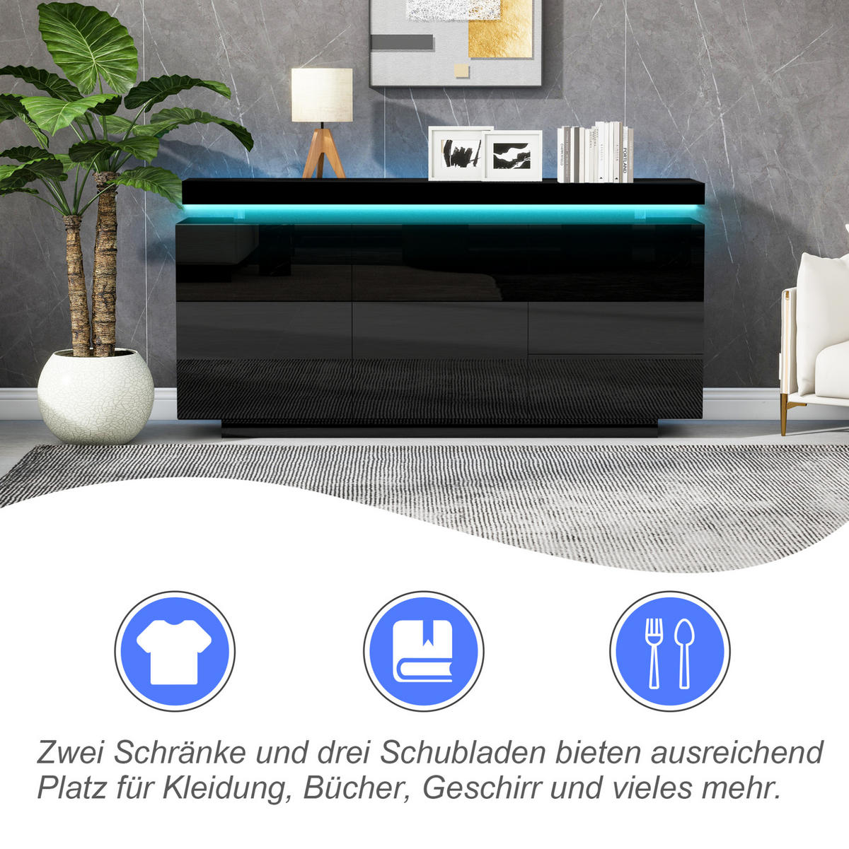SIDEBOARD aus Spanplatte 140x35x72,5 cm Schwarz mit LED-Beleuchtung, 3 Schubladen und 2 Türen - Schwarz, Holzwerkstoff (140/72/38cm) - IVMEU