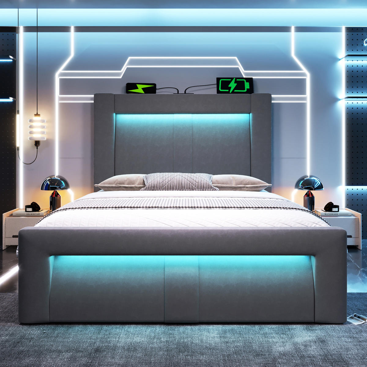 BETT mit Stauraum 90x200 cm Samt Grau inkl. Matratze - Grau, Metall (90/200cm) - Meubliv