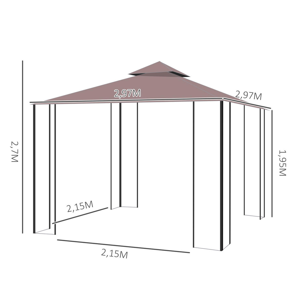 PAVILLON, Kaffeebraun+Weiß+Schwarz, Stahl, 180g/m² Polyester - Braun, Metall (297/270/297cm) - Outsunny