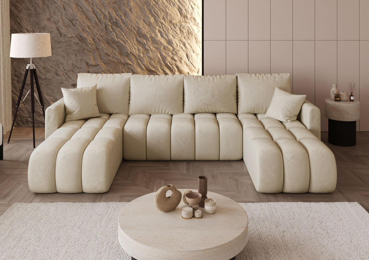 SEDACÍ souprava GARDA tvar U béžová samet Monolith 2 - funkce spaní, úložný prostor - béžová, textil (305/88/150cm) - Cornero