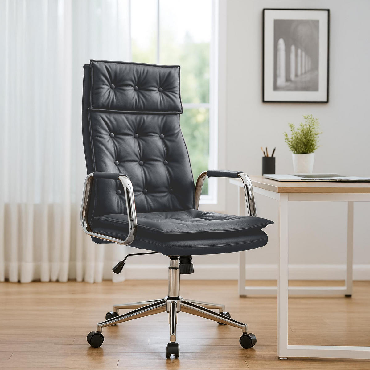 CHEFSESSEL Echtleder Schwarz - Chromfarben/Schwarz, Leder/Metall (60/111/65cm) - CLP