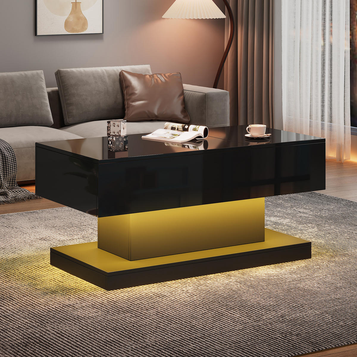 COUCHTISCH in Schwarz Hochglanz-Lift-Teetisch mit LED-Beleuchtung für Wohnzimmer, B100/T50/H45cm - Schwarz, Holzwerkstoff/Metall (50/100/45cm) - STILVORA