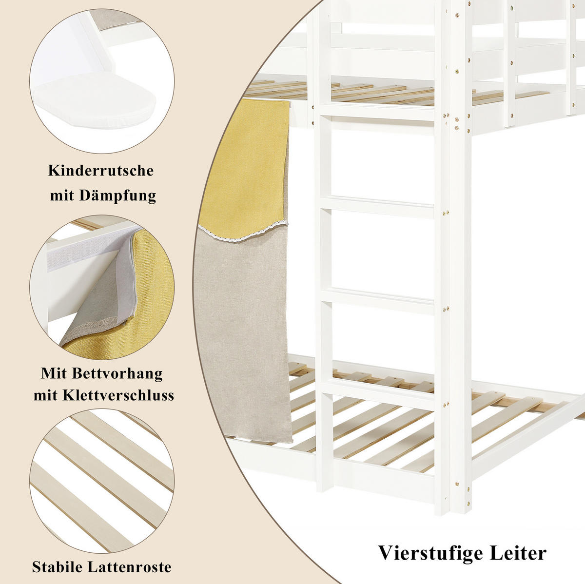 ETAGENBETT 90/200 cm mit Treppe, Rutsche, Bettvorhang und Fallschutz aus Holz, Weiß - Weiß, Holz (90/200cm) - Redom