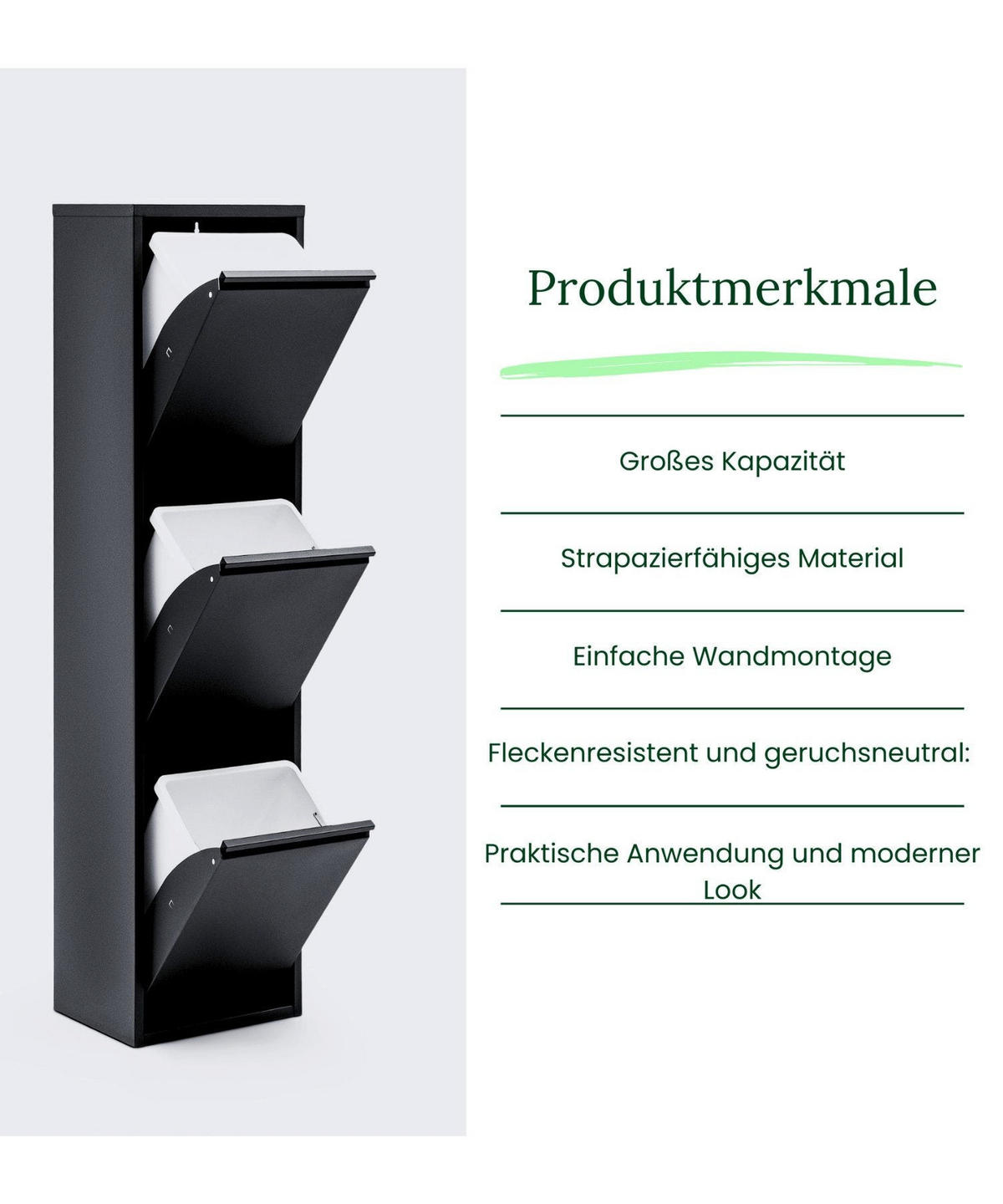 MÜLLEIMER 3 Fach Schwarz Mülltrennsystem aus Metall - Schwarz, Metall (33/136/25cm) - Gowoll
