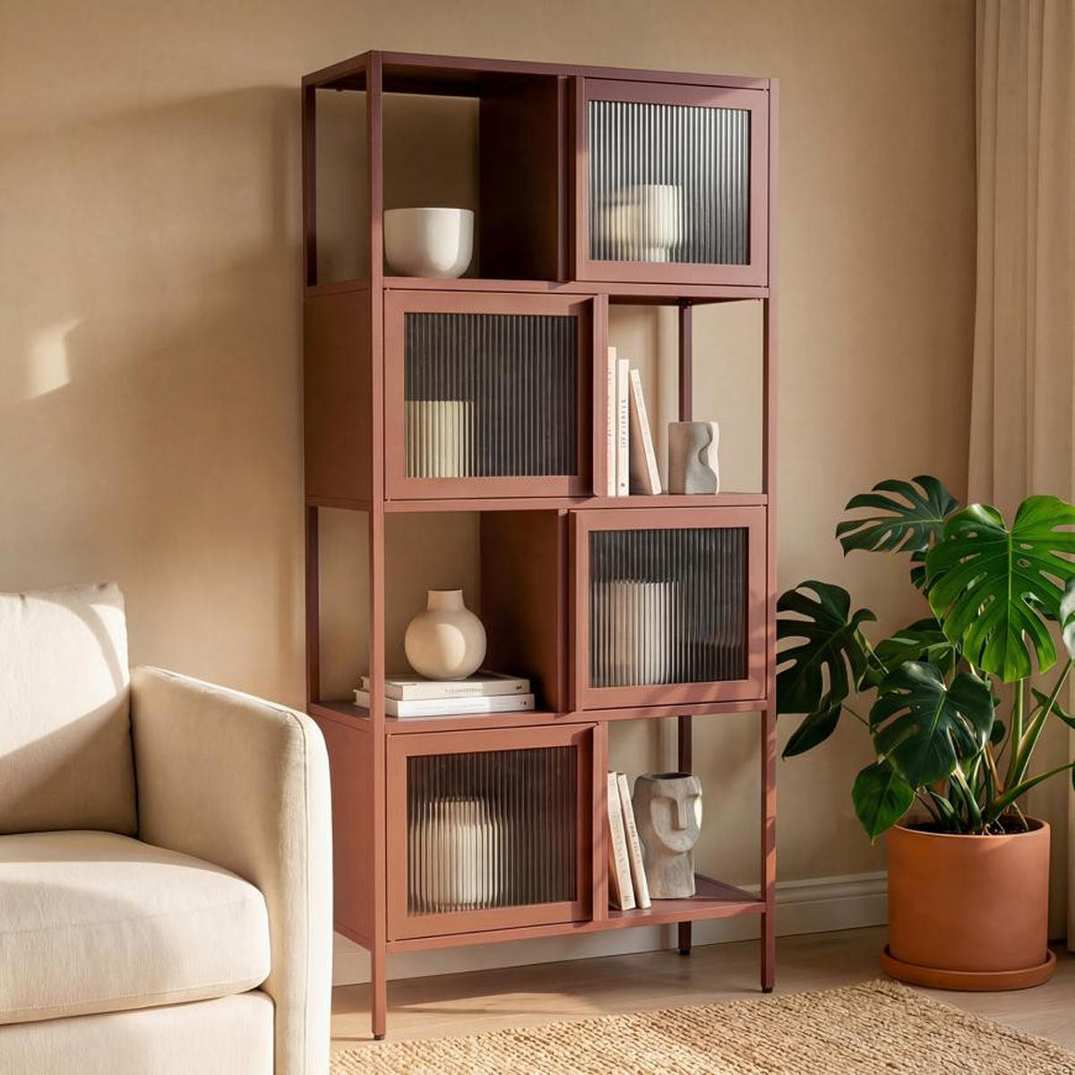 METALLREGAL H170cm 4 Türen 4 Fächer Terrakotta und Geriffeltes Glas KIARA - Terracotta, Metall (35/170/80cm) - Sicaan