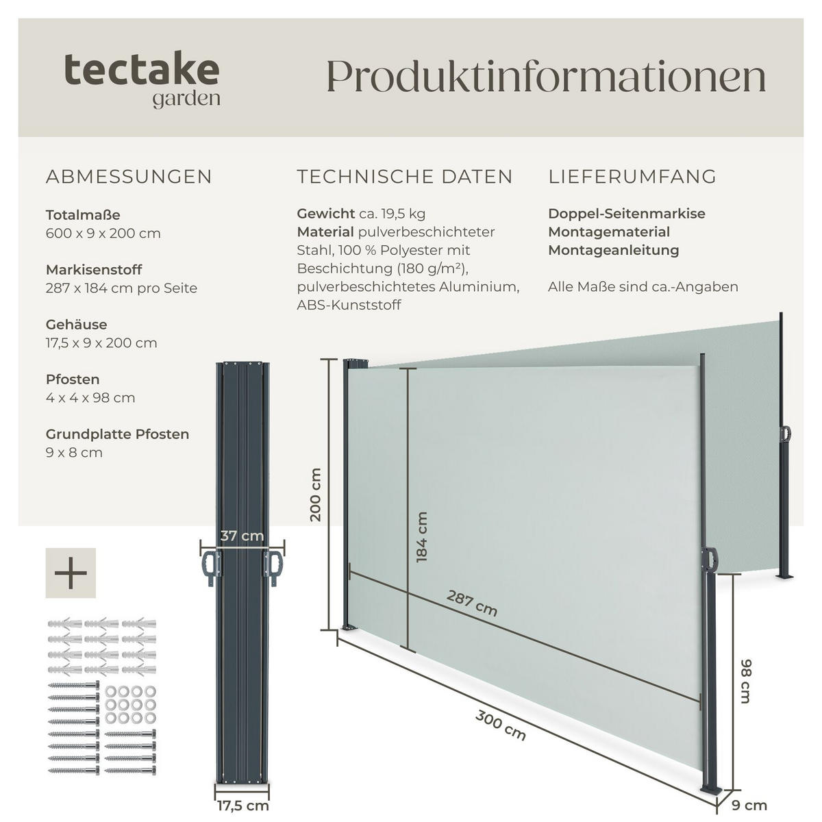 DOPPEL-SEITENMARKISE , ausziehbar, mit Aufrollmechanismus, grau - Grau, Textil (600/200/9cm) - tectake