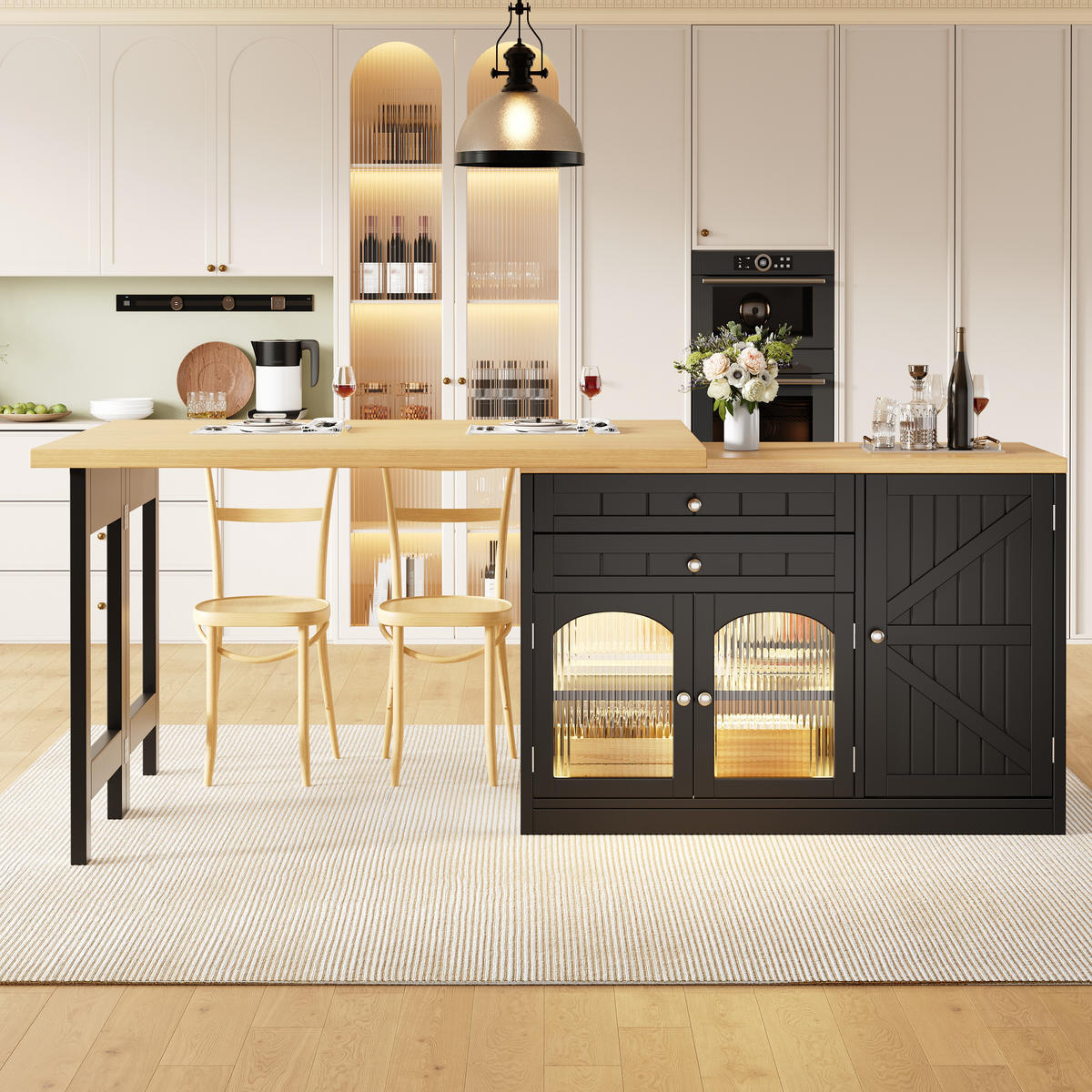 KÜCHENINSEL Ausziehbar 120 194cm 360° Drehbar Glastüren Schwarz - Schwarz, Metall (120/73.5/40cm) - FLIEKS