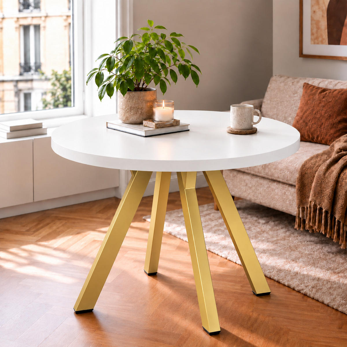 ESSTISCH rund ausziehbar 90/190/76 cm, Weiß, 54 cm Tischplatte + Y Metallgestell Gold - Goldfarben/Weiß, Holzwerkstoff/Metall (90/190/76cm) - Damale Möbel