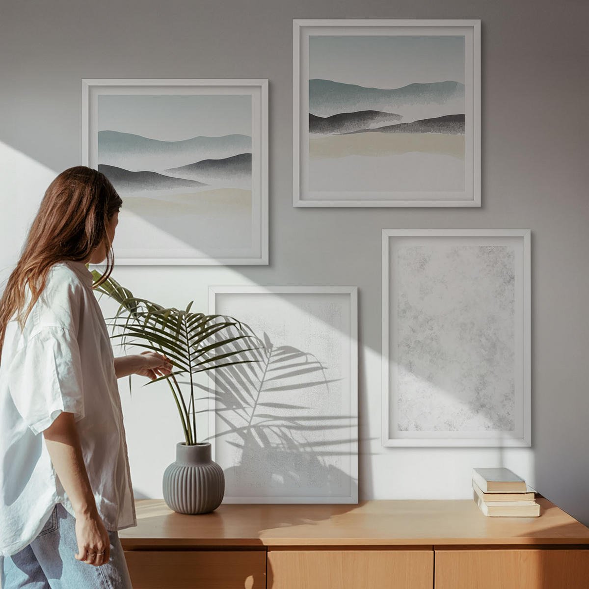 BILDER SET 4er Set - 50x50 cm & 40x60 cm Weißer Rahmen - Weiße Flecken auf Leinwandhintergrund - Weiß, Kunststoff (50/50cm) - TULUP