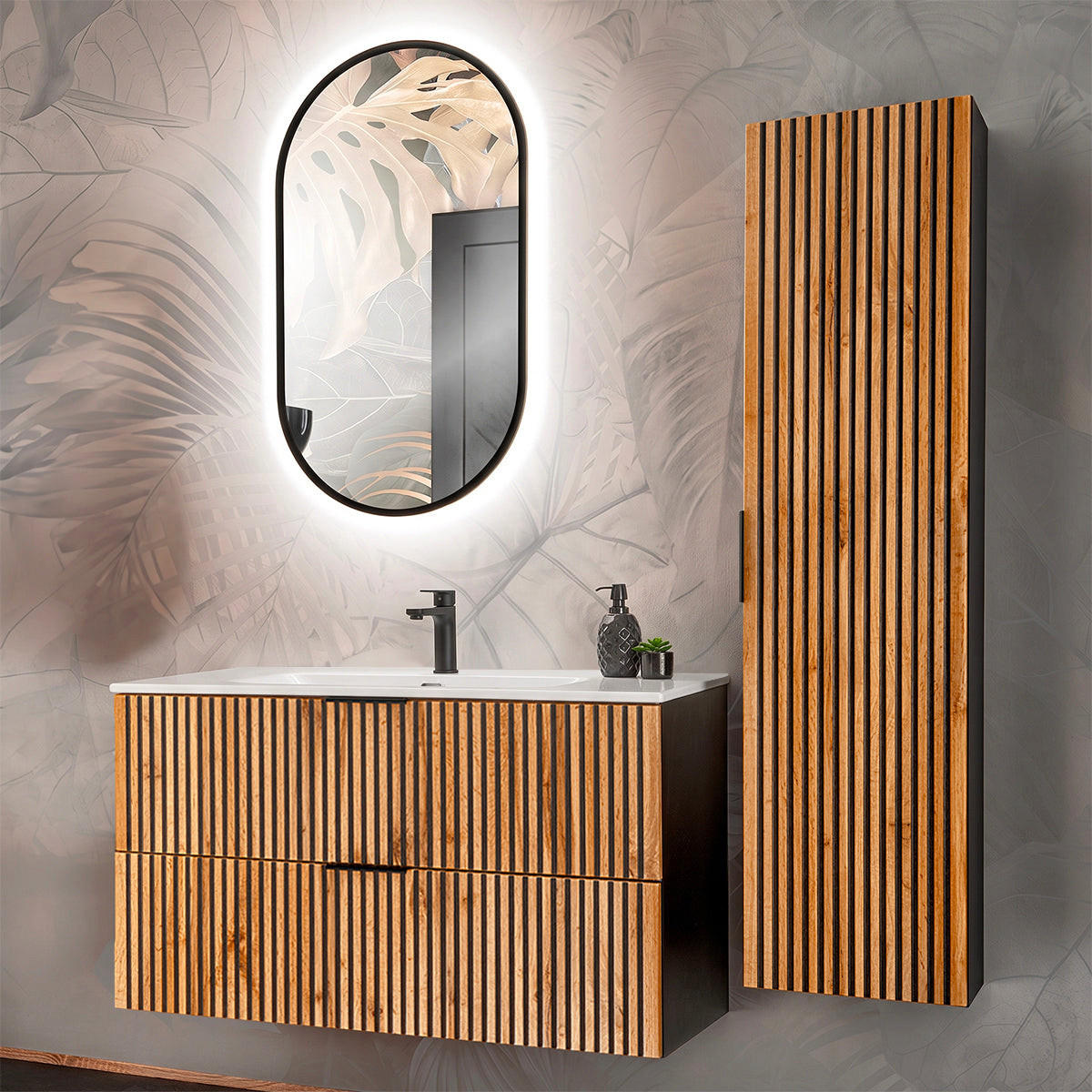 BADMÖBEL 100.2cm Gaia 2er-Set Holz in Eichenoptik und Schwarz - Schwarz, Holzwerkstoff (100.2/57/46cm) - Petits-meubles