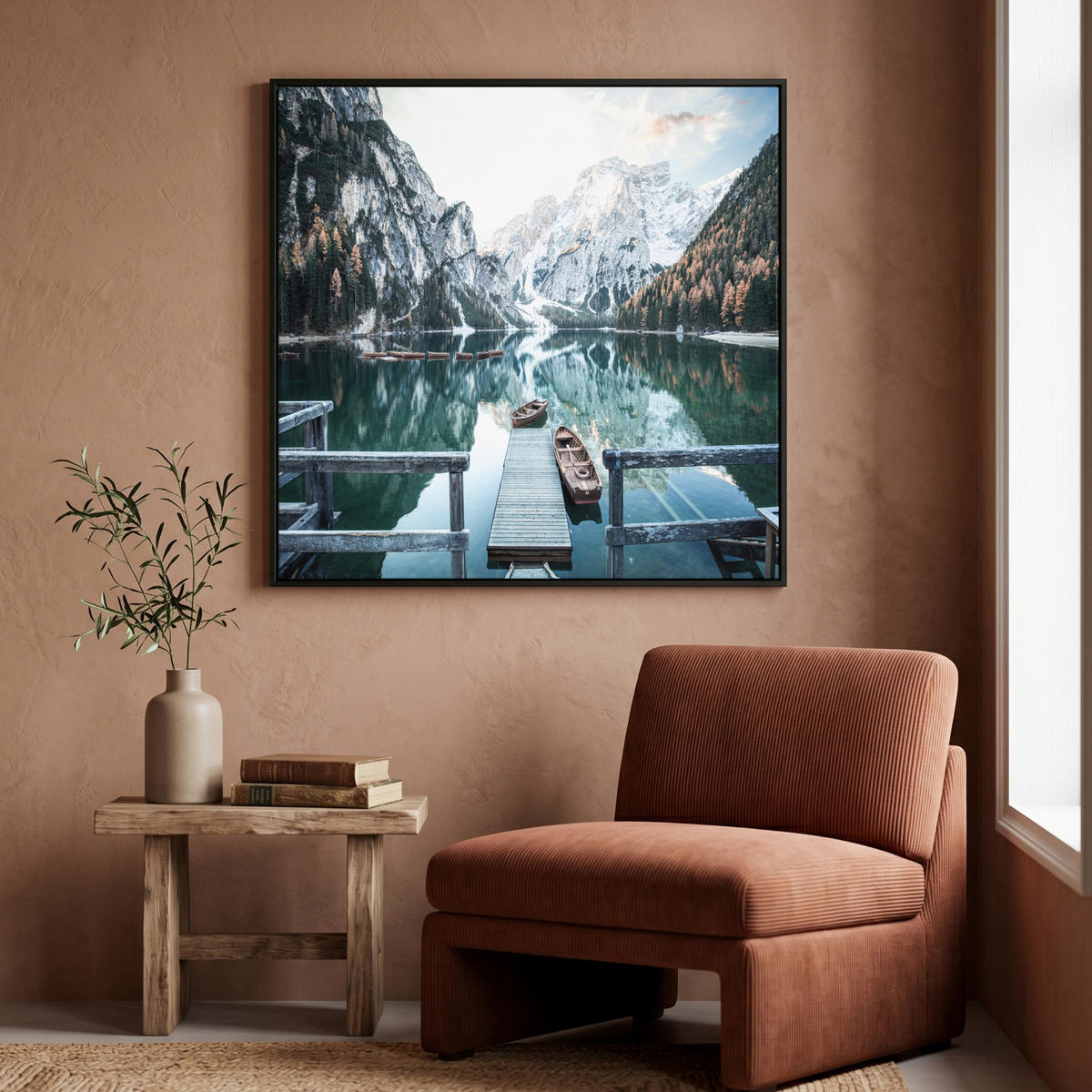 LEINWAND Bilder mit Rahmen - Natur - Berge - Schnee - Wald - Boot - 90x90 - Hellgrün, Textil (90/90cm) - MuchoWow