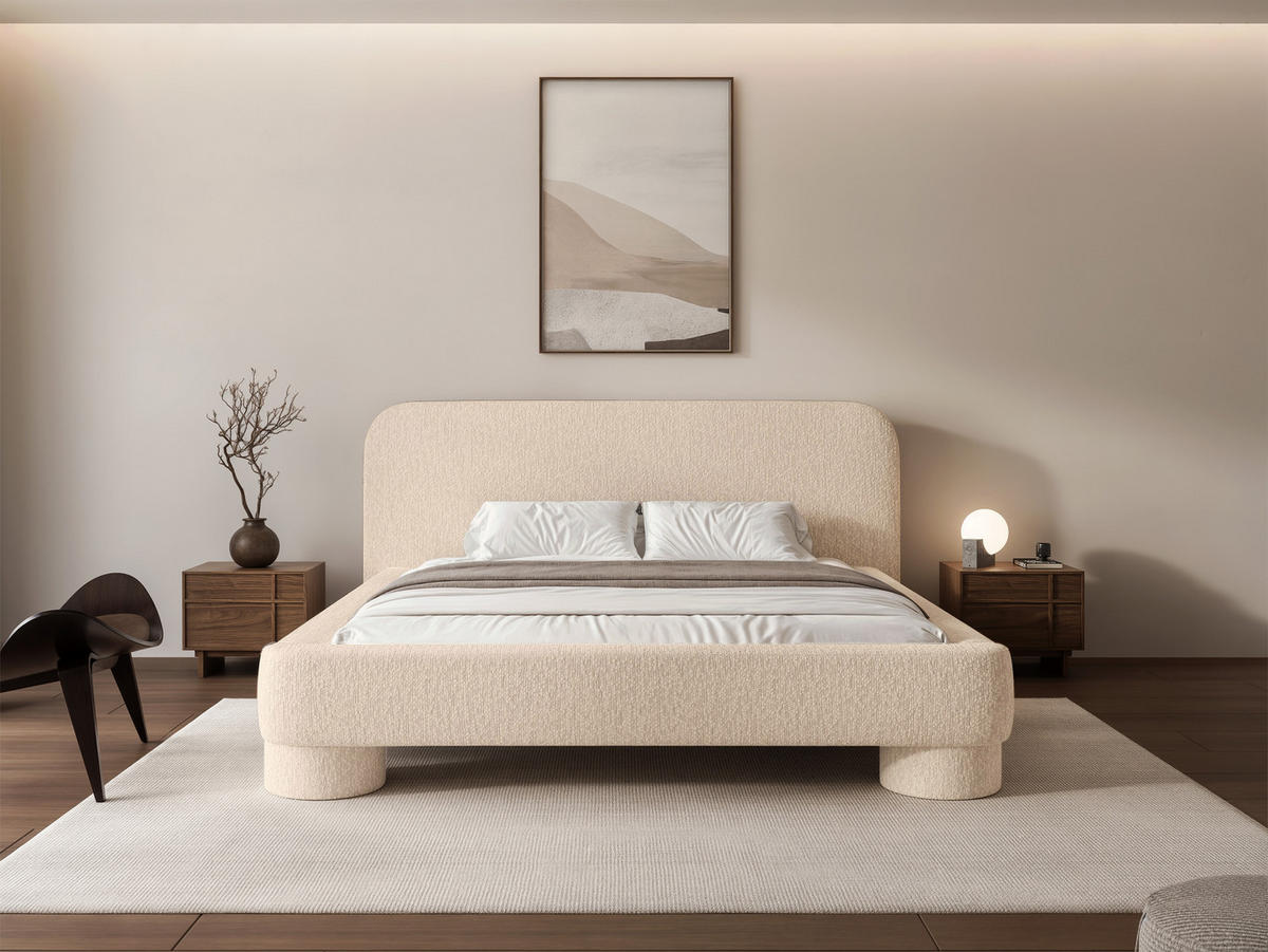 POLSTERBETT Frederico 180x200 cm Ecru Chenille – (Doppelbett mit Bettkasten, Lattenrost, rundes Kopfteil) - Ecru, Holz/Holzwerkstoff (180/200cm) - Ravio