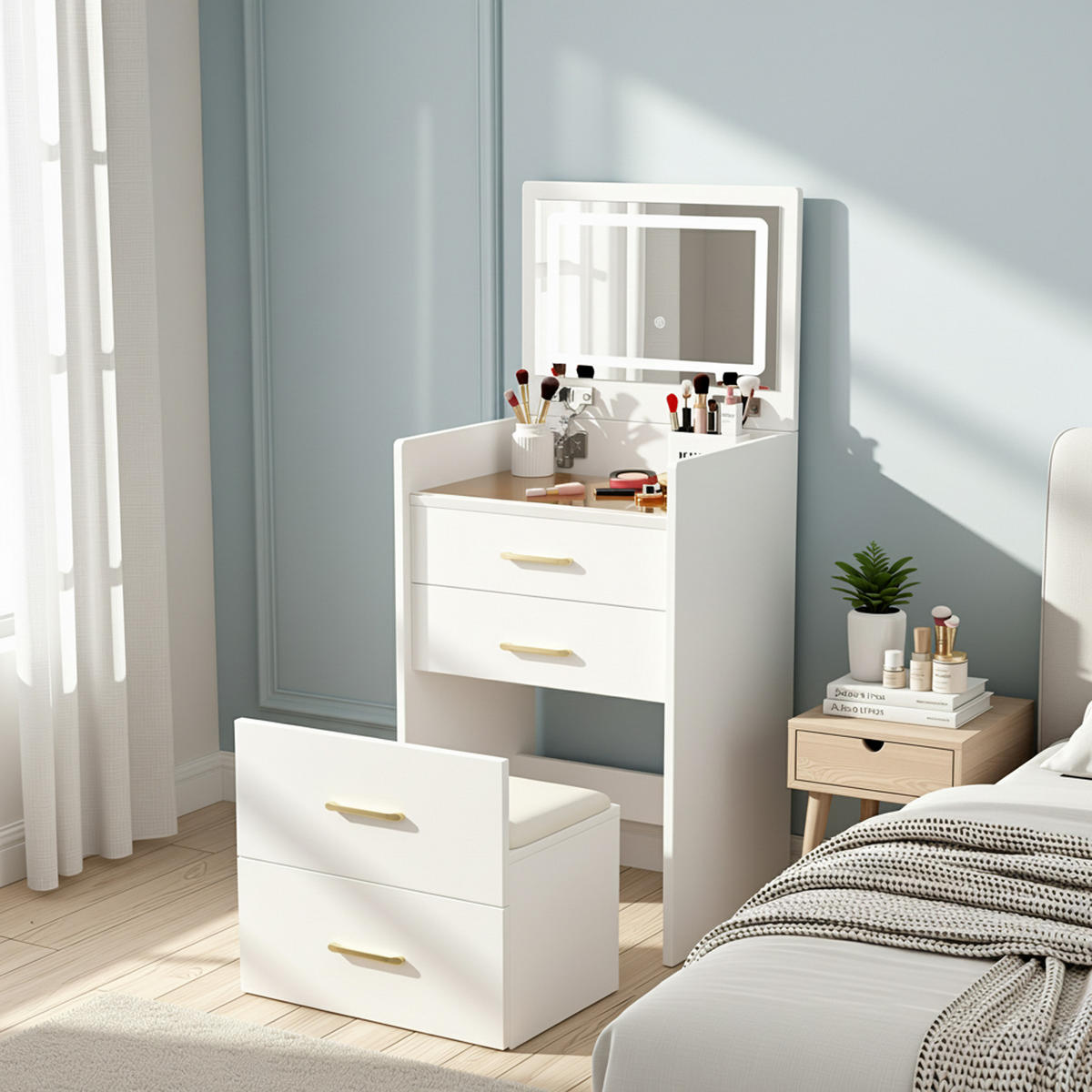 SCHMINKTISCH 3-in-1 Nachttisch (60 cm) in Weiß mit Klappspiegel, Glasplatte & Hocker - Weiß, Holzwerkstoff/Metall (60/118/40cm) - Urban Meuble