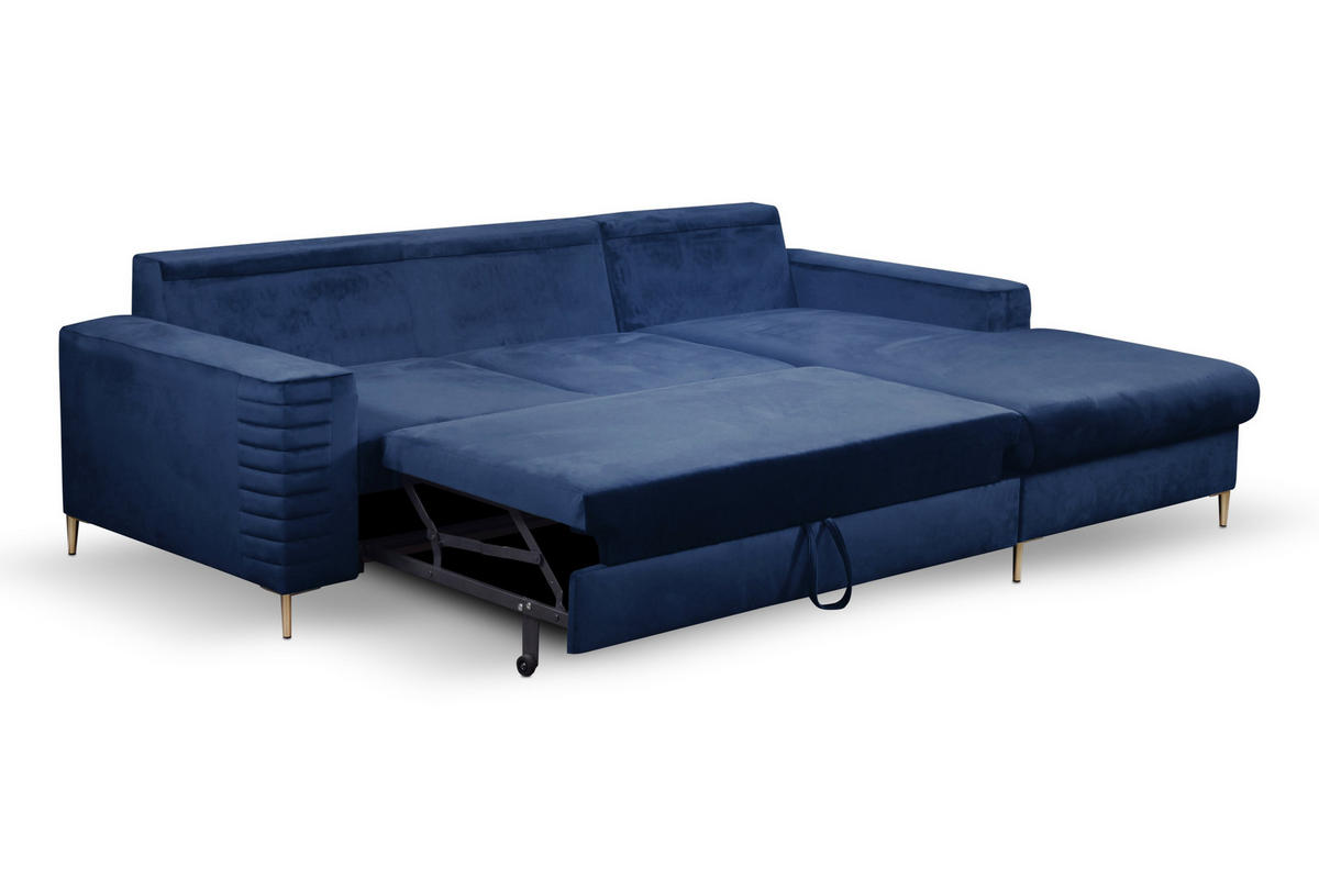 ECKSOFA GRIFO R-S Blau Velours-Stoff mit Schlaffunktion - Blau, Holz (253/165cm) - MASSENO