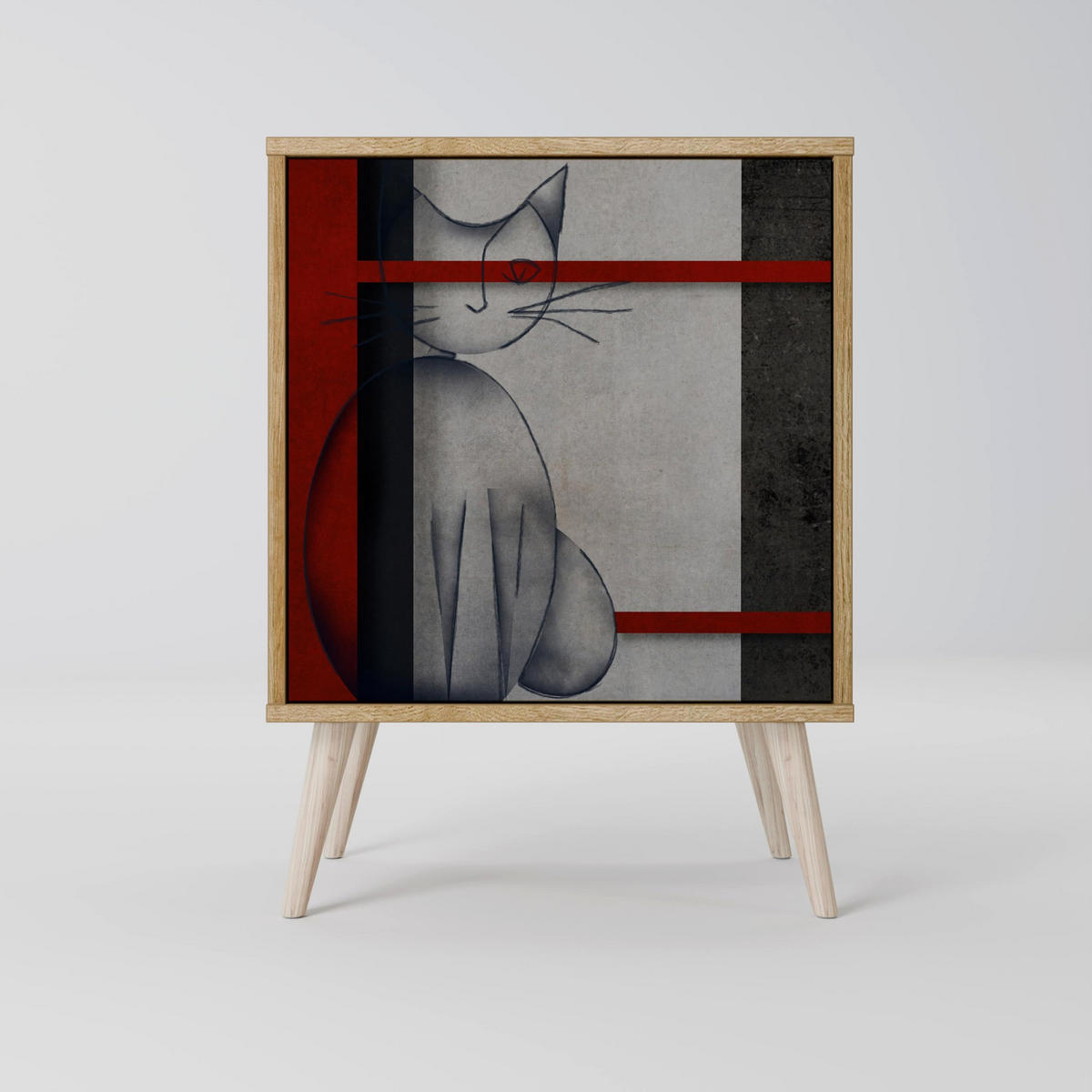 SIDEBOARD GRAY FIGURES, Grau, 57,5x42x72,5 cm, Schwarze Metallfüße - Multicolor/Schwarz, Holzwerkstoff/Metall (57.5/72.5/42cm) - SpaceRebels