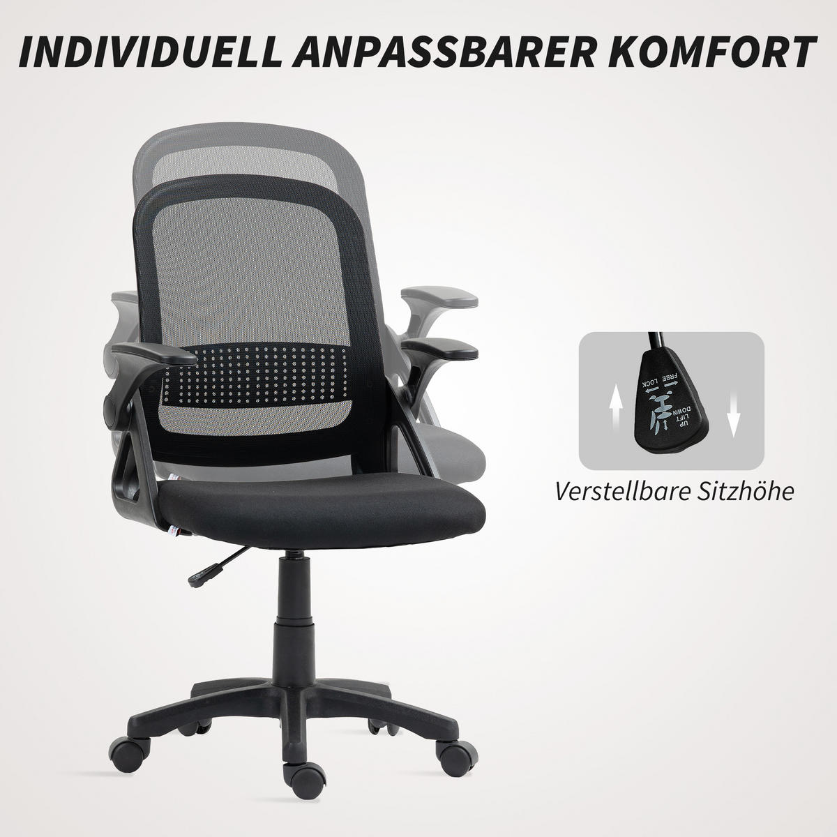 BÜROSTUHL höhenverstellbar aus Mesh Schwarz - Schwarz/Weiß, Kunststoff/Textil (57.5/101/60cm) - HOMCOM