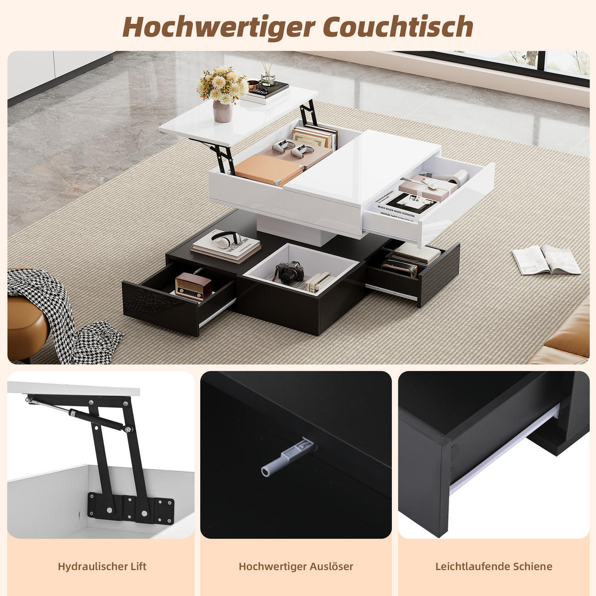 COUCHTISCH 70x70x40 cm Weiß Schwarz Drehbar 3 Schubladen Lift - Multicolor, Holzwerkstoff (70/70/40cm)