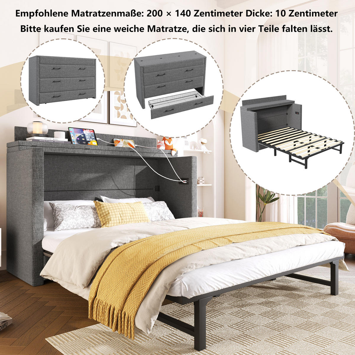 BETT 140/200 cm Grau mit Schublade und USB- und Type-C-Anschlüssen - Grau, Textil (140/200cm) - Flora Grace