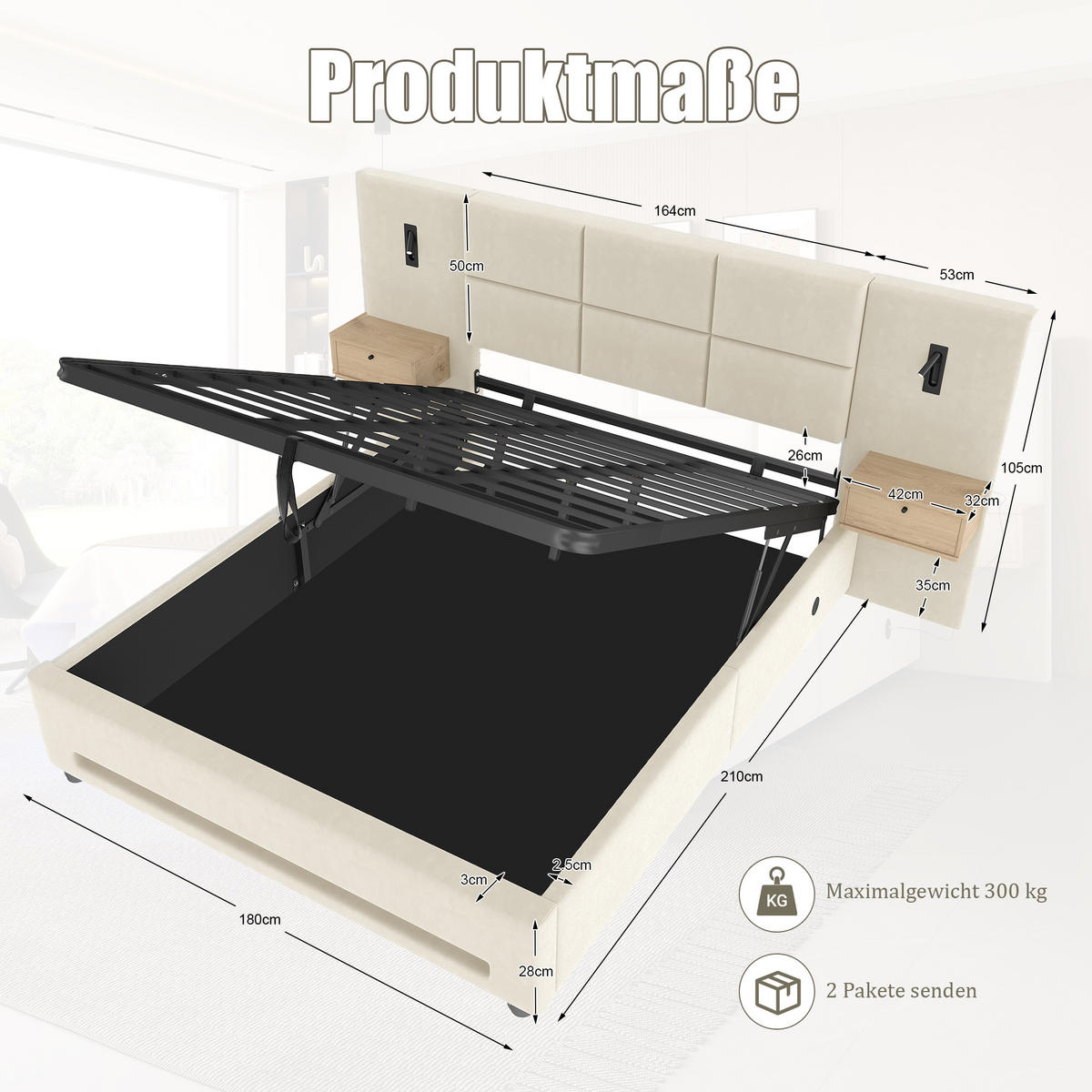 POLSTERBETT 180/200 cm in Beige Samt mit Bettkasten, Schubladen, LED und USB-C - Beige, Holzwerkstoff/Textil (180/200cm) - WISHDOR