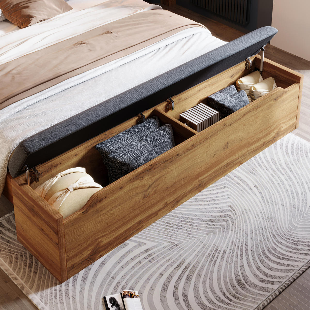 BETT 180/200 cm Eiche aus Holz mit Nachttischen, Bettbank und Leselampen - Eichefarben, Holzwerkstoff (180/200cm) - OKMYHOME