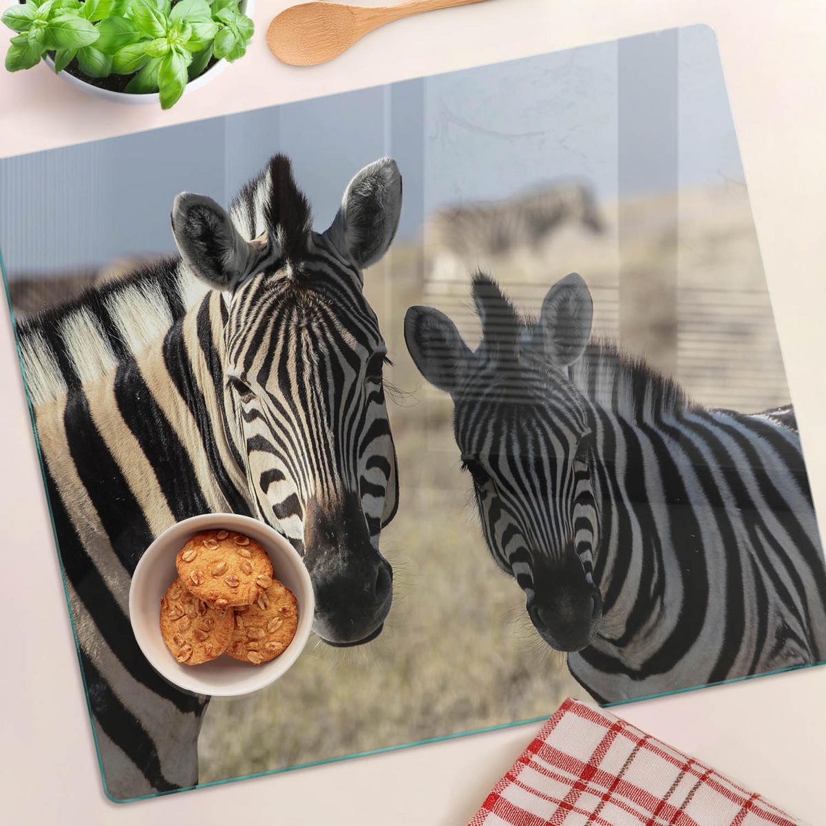 GLASPLATTE 60x52 cm Zwei Zebras - Dunkelgrau/Weiß, Glas (60/0.4/52cm) - TULUP