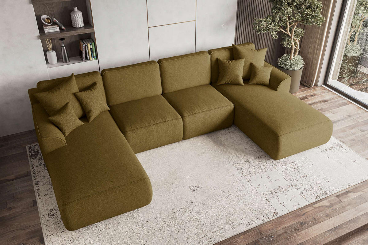 WOHNLANDSCHAFT Gusto Strukturstoff Olivgrün inkl. Schlaffunktion - Chromfarben/Olivgrün, Kunststoff/Textil (306/96/194cm) - 99rooms