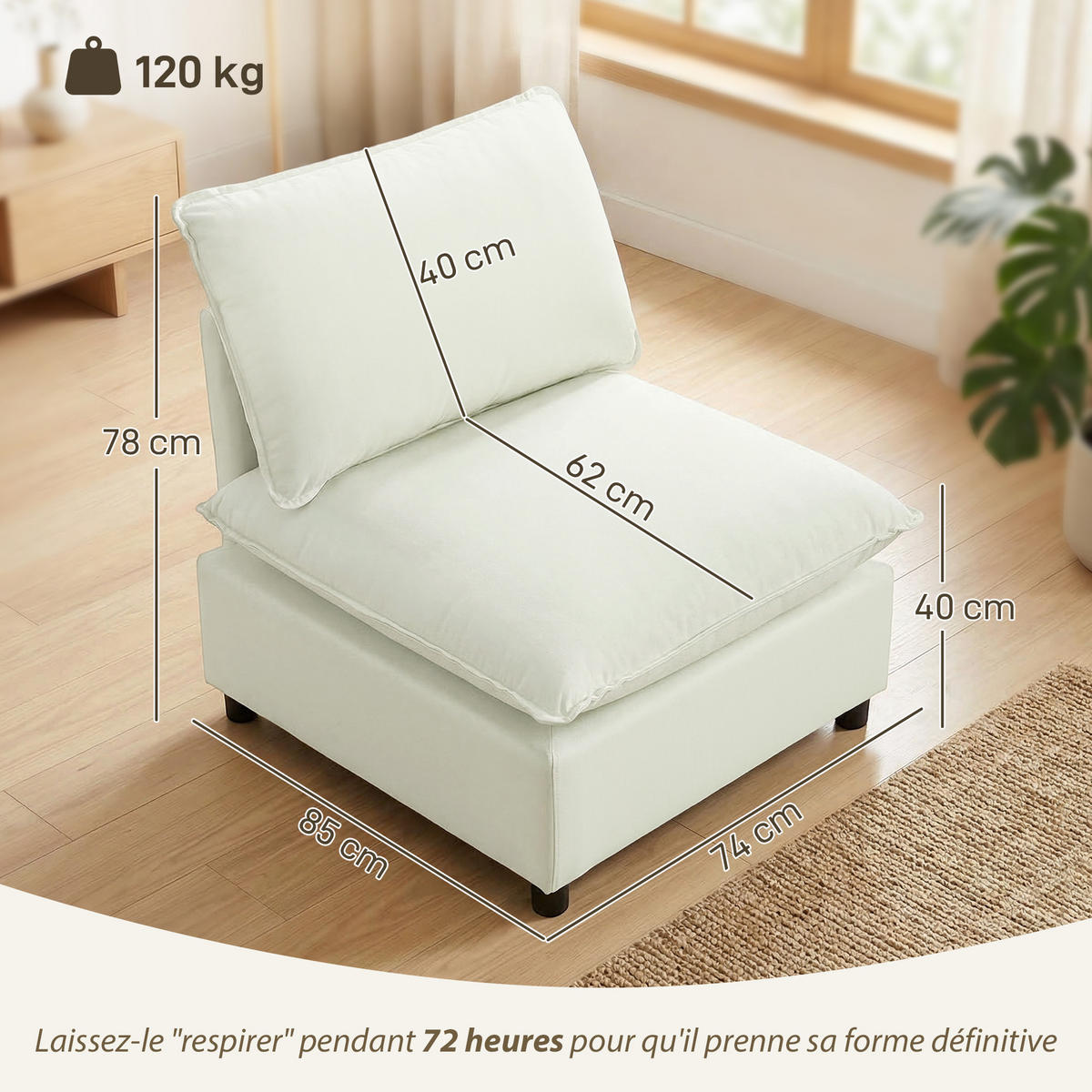 SESSEL DE-13498 1-Sitzer ohne Armlehnen, große Sitzfläche Creme - Creme, Textil (85/78/74cm) - ComfortXL