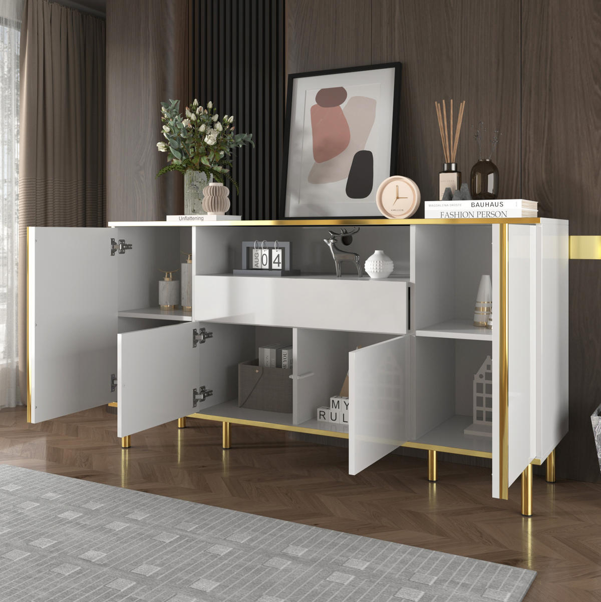 SIDEBOARD 150/40/80 cm in Weiß Hochglanz mit 4 Türen, Schublade & LED-Beleuchtung - Weiß, Holzwerkstoff (150/80/40cm) - BEAOK