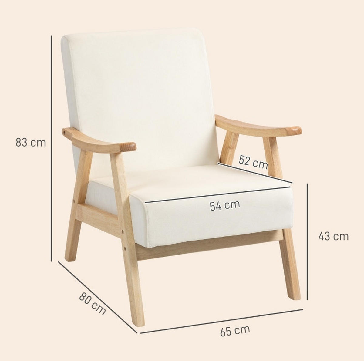 SESSEL 65/80/83 cm in Cremeweiß mit Armlehnen und Samt-Optik - Creme, Kunststoff (80/83/65cm) - BEAOK