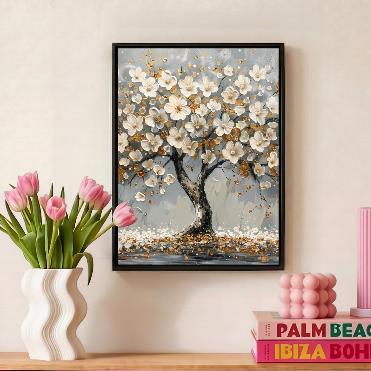 LEINWAND Bilder mit Rahmen - Baum - Blumen - Weiß - Natur - Kunst - 30x40 - Weiß, Textil (30/40cm) - MuchoWow