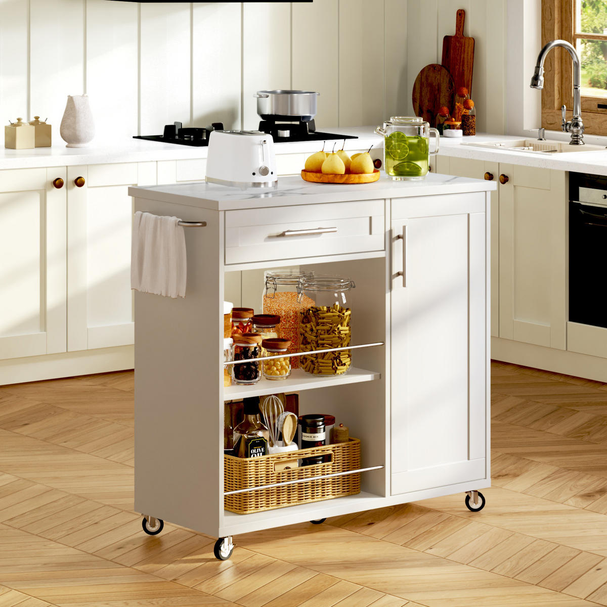 KÜCHENWAGEN mit Marmor-Optik 90 x 62 x 90 cm Weiß - Weiß, Holz (40/89.5/96cm) - Beauniv