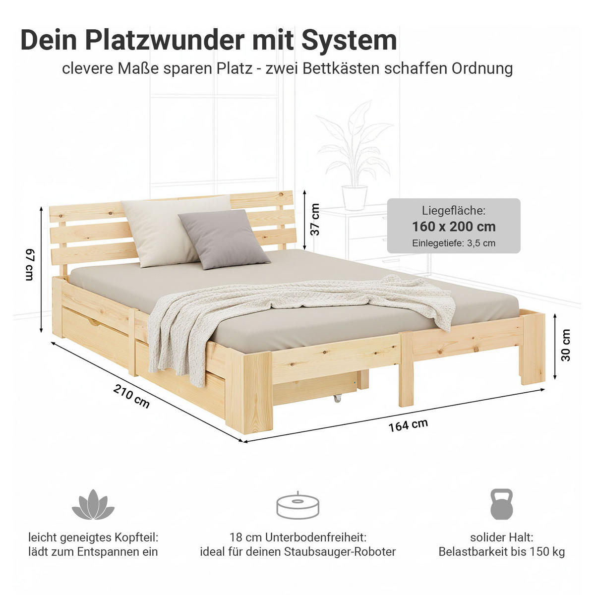 HOLZBETT Natur 160/200 cm Doppelbett mit Schubladen - Naturfarben, Holz (160/200cm) - Homestyle4u